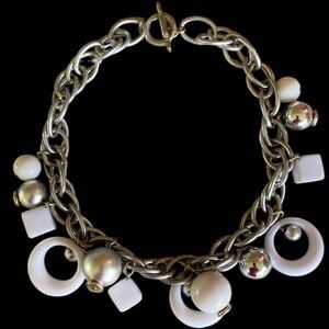 Vintage Acrylic Chunky Chain Necklace White Silver Rings Cubes Spheres Beads